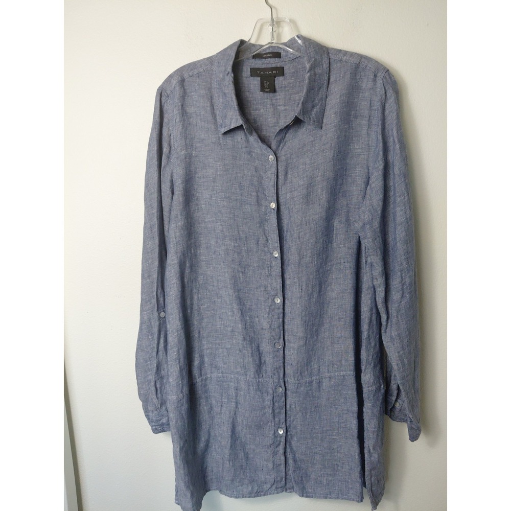 Tahari Tunic Women's Size L Blue Linen Button-Down Tunic long sleeve - Picture 2 of 8
